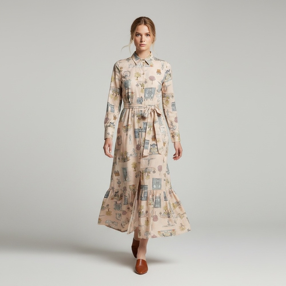 New Made In Italy Chic Peach Sketchbook Architectural Motif Maxi Shirt Dress M
